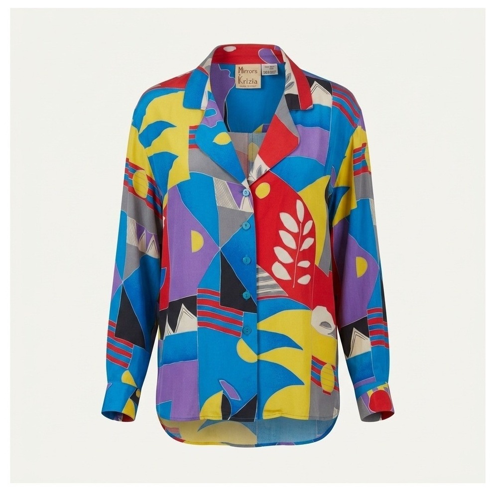 Vintage 80s Mirrors of Krizia Silk Blouse Italian Memphis Design Abstract Shirt